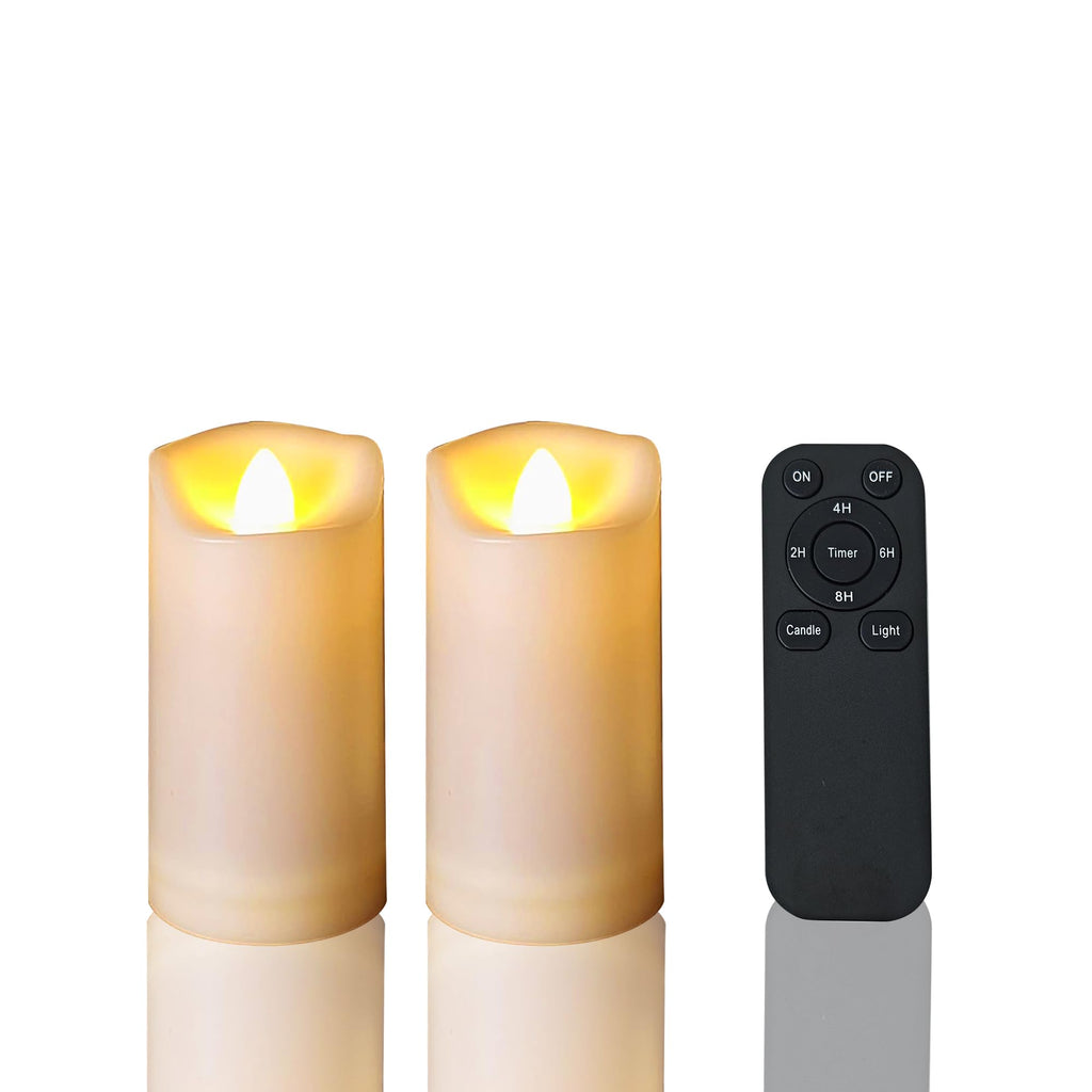 [Australia - AusPower] - 2-Pack Waterproof Outdoor Battery Operated Flameless Candles with Remote and Timer, Realistic Flickering Plastic Electric Slim LED Pillar Lights for Birthday Wedding Christmas Decor Gifts 2x4 Inches 2*4 Inches 2 Pack 