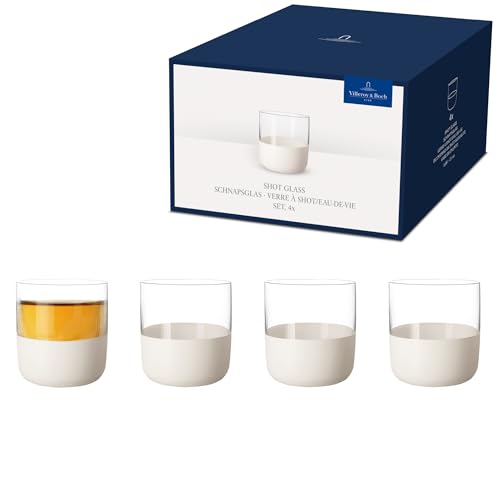 Villeroy & Boch Manufacture Rock Blanc Collection Shot Glass Set, 4 pcs. Set of Small Glasses for Shots and Liqueurs, 1.25 oz, 2 in Height, Crystal, Matte White Slate Look Clear/White