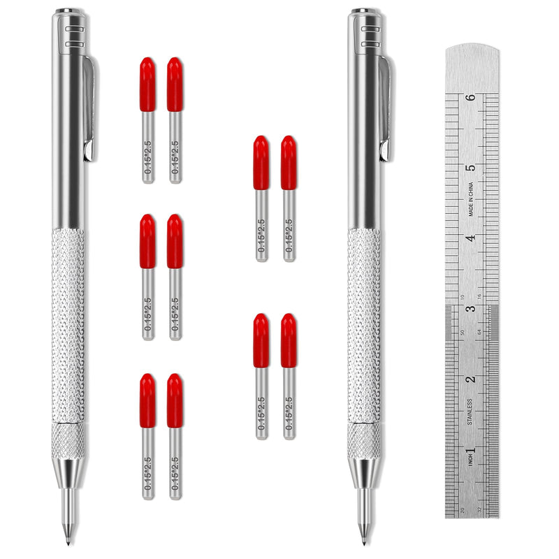 [Australia - AusPower] - Ofasixx 2 Pack Tungsten Carbide Tip Scriber Tool with 10 Refills and 1 Ruler, Metal Scribe Scriber Marking Tools with Magnet, Premium Etching Engraving Pen for Glass/Wood-Working/Metal Sheet/Leather 
