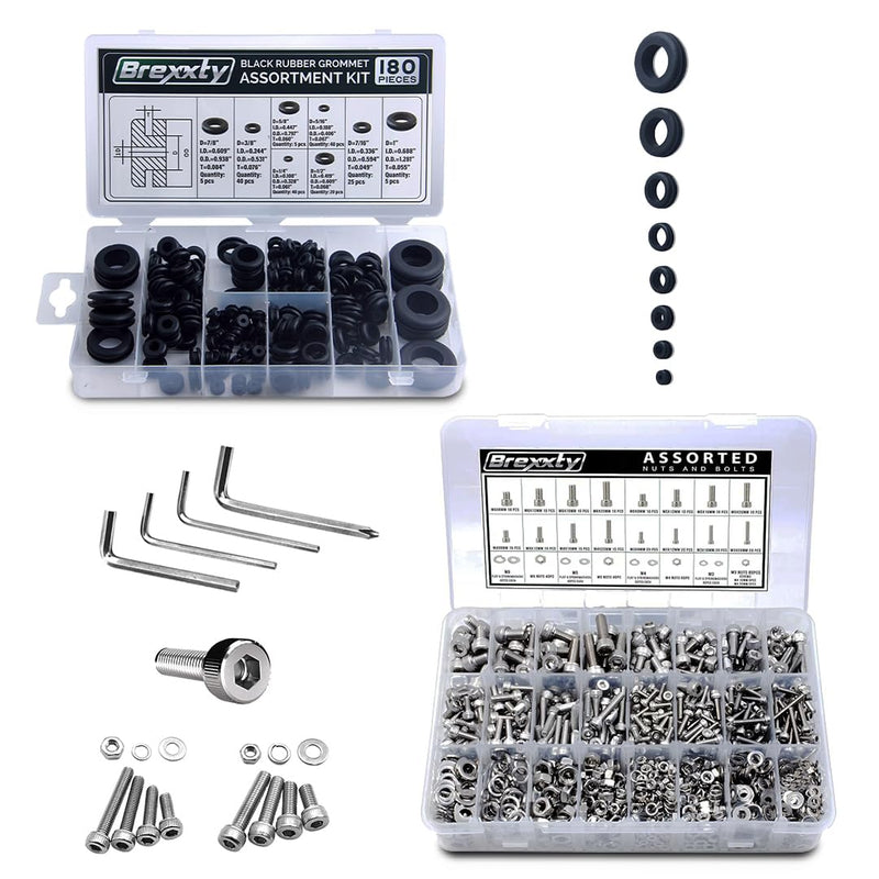 [Australia - AusPower] - 2 in 1 Rubber Grommets Kit in 8 Sizes (180 Pcs) & Metric Screws Assortment Kit 30 Sizes (890pcs) Metric Bolts and Nuts kit(with washers and Allen Key) Socket Head Cap Screws 