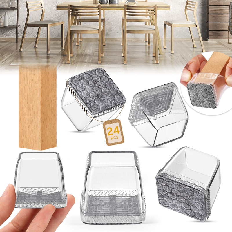 [Australia - AusPower] - 24PCS Square Chair Leg Floor Protectors, Furniture Sliders for Chair Legs, Chair Leg Protectors for Hardwood Floors, Non-Slip Felt Furniture Pads, Silicone Cap Covers to Protect Floors, Large L-Clear 