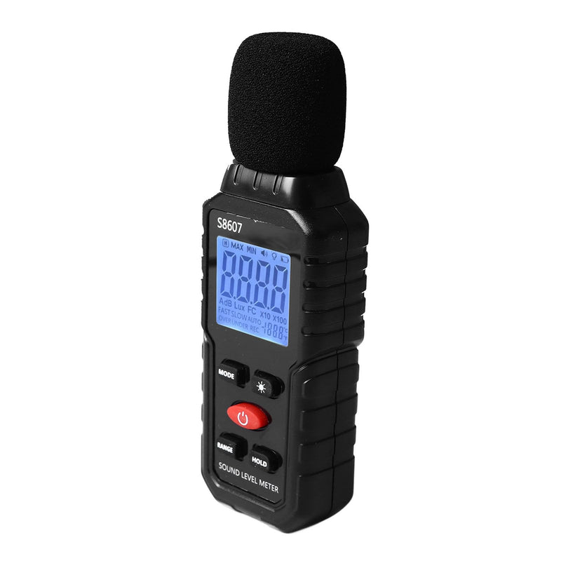 Decibel Meter, S8607 Digital Sound Level Meter 30-130 dB with LCD Display with Backlight MAX/MIN, Portable SPL Meter with Data Storage, High Precision
