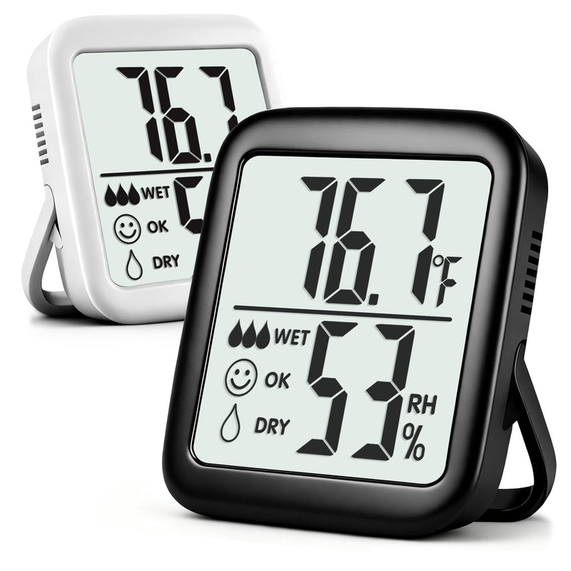 Antonki 2 Pack Room Thermometer for Home, Hygrometer Indoor Humidity Meter Gauge, Digital Temperature and Humidity Monitor Sensor for House, Terrarium, Incubator, Greenhouse - Battery Included 2 Pcs* Black & White