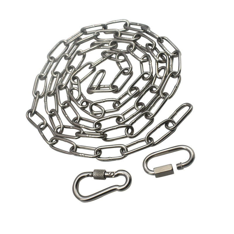 [Australia - AusPower] - 304 Stainless Steel Chain 1/5" x 59" Safety Chain Links Connector Heavy Duty with 2 Quick Locking Carabiner Clip Hooks for Outdoor Fence Pet Dog Pulling Towing Logging, 1 pcs (5mm x150cm) 1/5 in x 59 in 