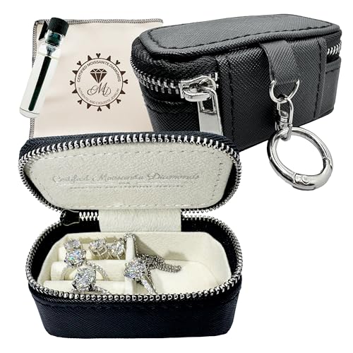 CMD Travel Jewelry Box Case Holder with Secure Keychain – Portable Ring Holder, Jewelry Organizer for Rings, Earrings, Necklaces, and Bracelets – Black Leather & Velvet, 2"D x 3.4"W x 1.75"H