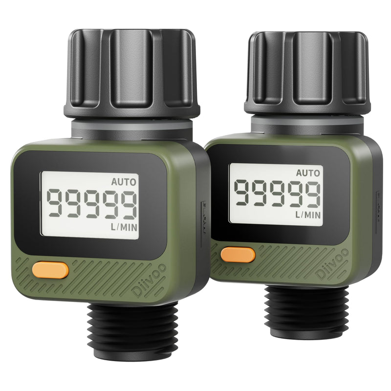 [Australia - AusPower] - Diivoo Water Flow Meter with 180° Removable Panel, 4 Measure Modes, ±5% High Accuracy and IP54, Measure Gallon/Liter Consumption and Flow Rate for Garden Hose Watering, RV Water Tank Filling 2 Pack 2 packs 