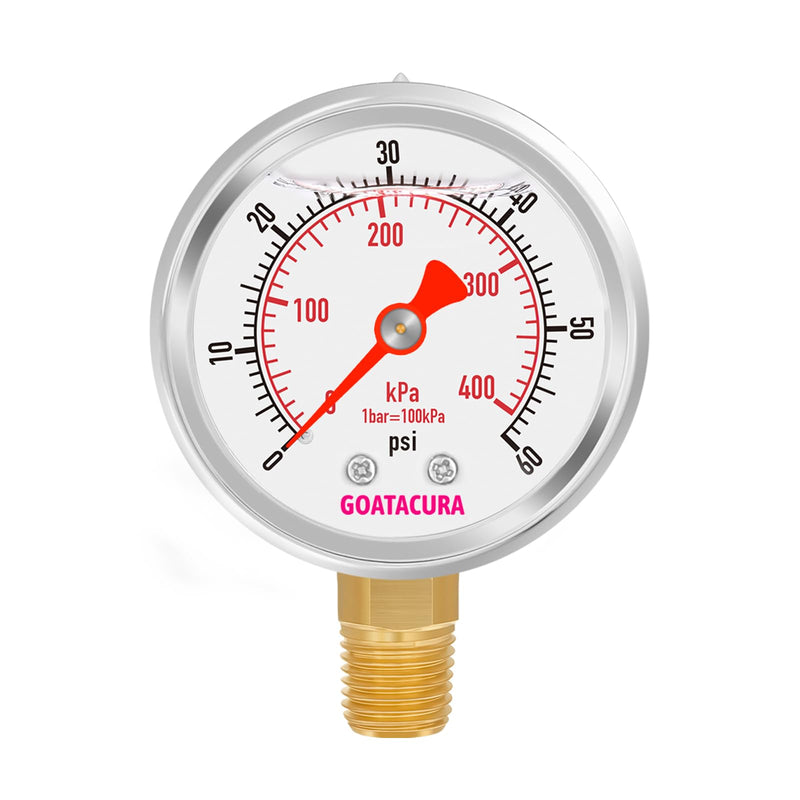 [Australia - AusPower] - 0-60psi/kpa Glycerin Filled Pressure Gauge, 2" Dial Size, 304 Stainless Steel Case, 1/4" NPT Lower Mount, with High Accuracy, for Measuring Water Air Hydraulic Pressure 0-60psi 