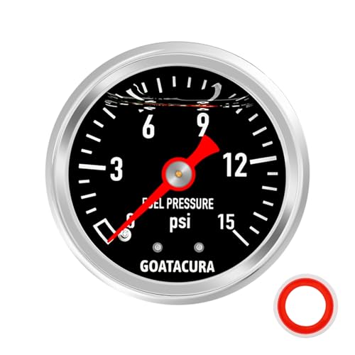 GOATACURA 0-15 PSI glycerin-filled fuel pressure gauge with black dial and stainless steel case, back mount