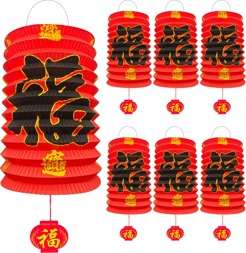 [Australia - AusPower] - 6Pcs 2024 Chinese New Year Decorations, Year of The Dragon Red Fu Lanterns 16*25cm Lunar Spring Festival Ceiling Hanging Paper Lanterns Lamp Party Supplies Decor for Birthday Wedding Restaurant Store 