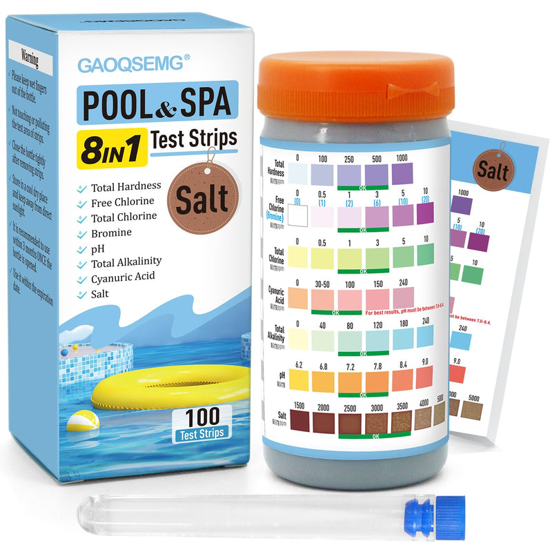 [Australia - AusPower] - 8 in 1 Salt Water Pool Testing Kit,100 Counts Salt Pool Test Strips,Spa & Hot Tubs Test Strip for Salt,Bromine,Chlorine,Cyanuric Acid,pH,Hardness,Alkalinity 8in1 Pool 