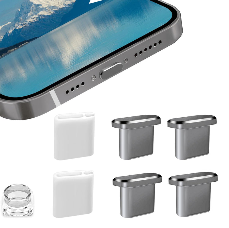 [Australia - AusPower] - 4 Pack Designed for iPhone 15 Pro Max Plus USB C Anti Dust Plugs C Charging Port Covers with 2 Plug Holders, Full Protection Caps Wireless Charging Friendly Phone Accessories(Gray) 