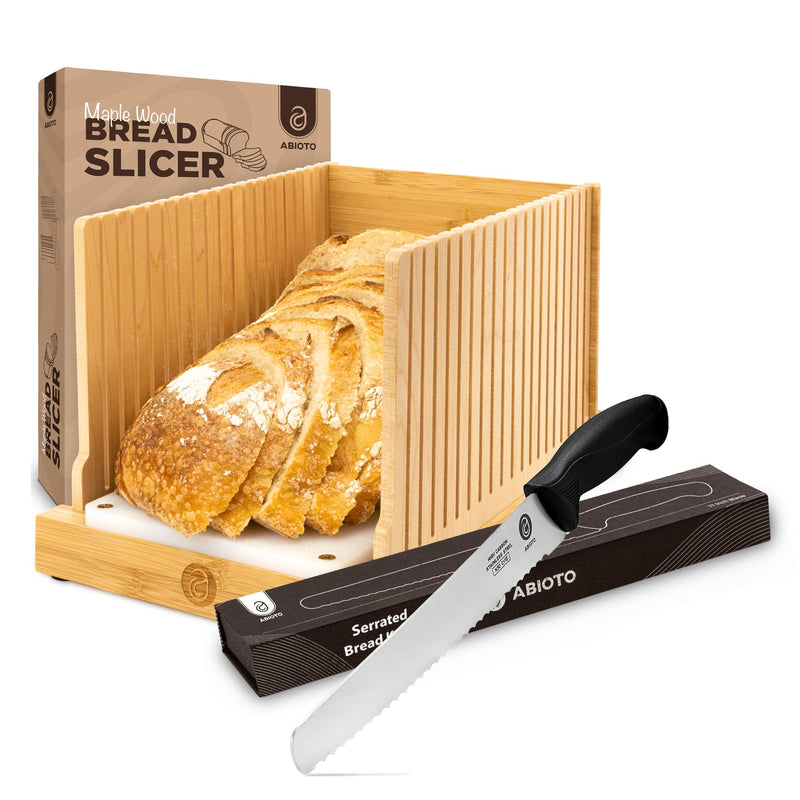 [Australia - AusPower] - Serrated Bread Knife and Foldable Bread Slicer for Homemade Bread - An Ultimate Bread Slicing Set - No Splinters with HDPE Base and Maple Fingers 