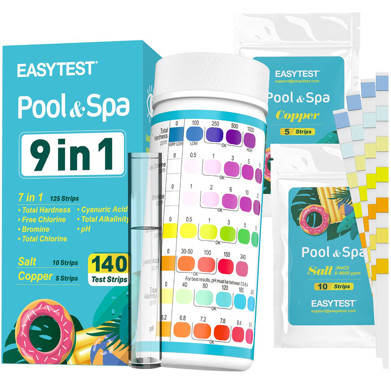 [Australia - AusPower] - EASYTEST 9-Way Pool Test Strips, 140 Strips for Hot tub and Spa, Accurate Testing pH, Total Chlorine, Free Chlorine, Bromine, Alkalinity, Total Hardness, Cyanuric Acid, Salt and Copper 9 IN 1 POOL TEST STRIPS 