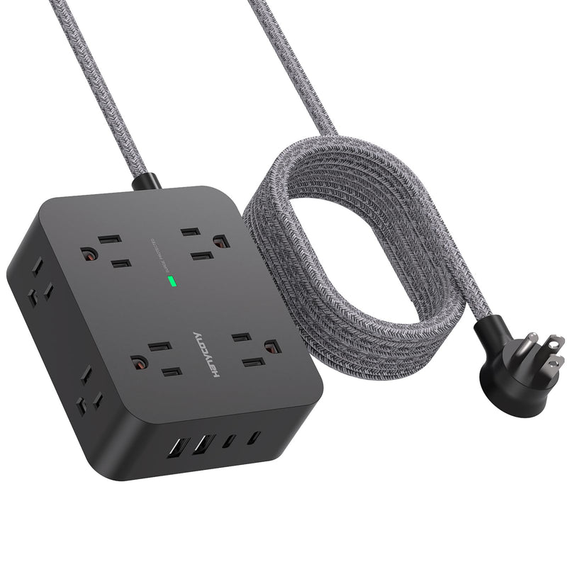 [Australia - AusPower] - Power Strip Surge Protector 10 Ft Cord, Extension Cord Flat Plug with 8 Outlets 4 USB Ports(2 USB C), Wall Mount, Desk Charging Sation for Home Offcie 10Ft Black 