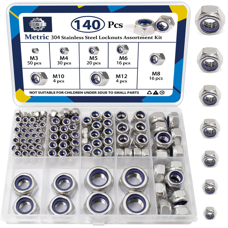 [Australia - AusPower] - 140 Pack Locknuts Assortment Kit,M3 M4 M5 M6 M8 M10 M12 Metric Nylon Insert Lock Nuts Sets,304 Stainless Steel Standard Threaded Nylock Nuts for Bolt 140 Pack;Metric Locknuts 1 