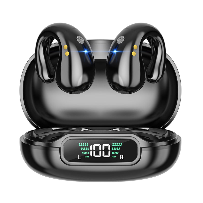[Australia - AusPower] - Open Ear Clip on Headphones, Wireless Earbuds Bluetooth 5.3 Sport Earphones Built-in Mic with Ear Hooks 36H Playtime Ear Buds LED Display Charging Case, Waterproof Design for Running Fitness, Black YYK-Q92 