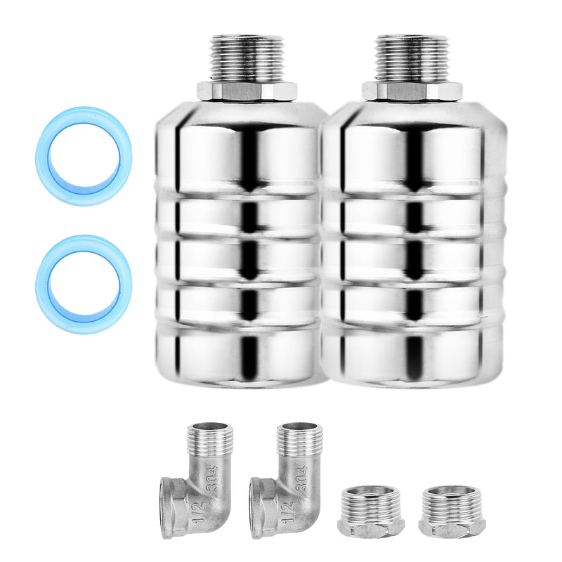 [Australia - AusPower] - 2Pcs Automatic Water Level Control Float Valve 304 Stainless Steel, 2Pcs 1/2" & 3/4" Straight/Elbow Fittings with 2 Feed Strip for Water Tanks, Pools, Livestock Troughs (0.2-10Pa, Food Grade) 