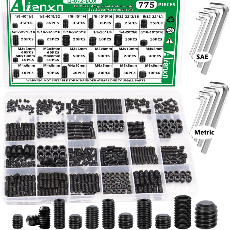 [Australia - AusPower] - 775PCS Metric +SAE Set Screw Assortment Kit, Hex Socket Head Cup Point Set Screws 12.9 Class Alloy Steel Grub Screw, Internal Hex Drive Cup-Point Screw (M3-M8, 1/8"-40 to 5/16"-18) Black 775PCS 