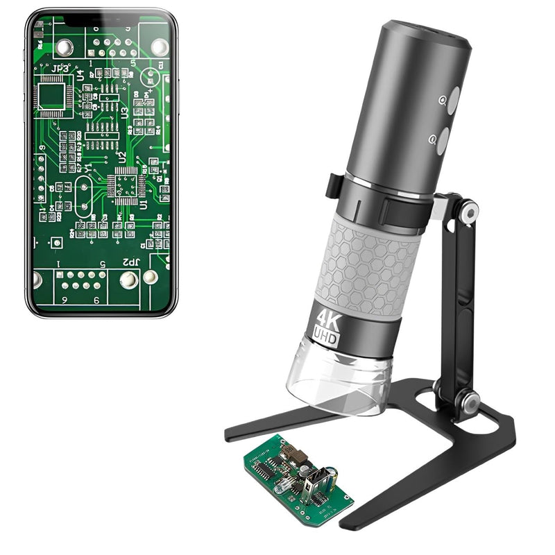 [Australia - AusPower] - WiFi USB Digital Handheld Microscope, 50 to 1000x Wireless Magnification Endoscope 4K 3840x2160P Camera 8 LEDs with Metal Stand for iPhone iPad Android Mac Windows Linux Chrome Grey 