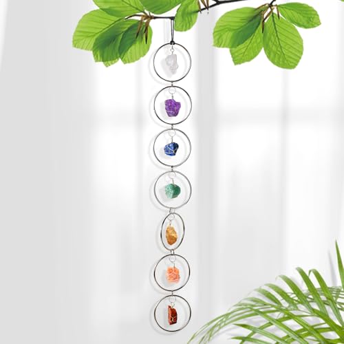 7 Chakra Wall Hanging Decor - Natural Raw Crystal Gemstone for Healing, Chakra Balancing, Meditation Gifts, Indoor Outdoor Spiritual Home Decoration (Silver Round) Silver Crystal Stone
