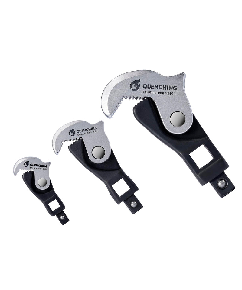 QUENCHING Crowfoot Wrench Set, Self-Adjusting 3-Piece Kit for Automotive Repair, Fits 1/4", 3/8", 1/2" Drives, 5–32mm Range, Spring-Loaded Grip for Tight Access Bolts, Fuel Lines & Brake Line Work 3-Piece Set
