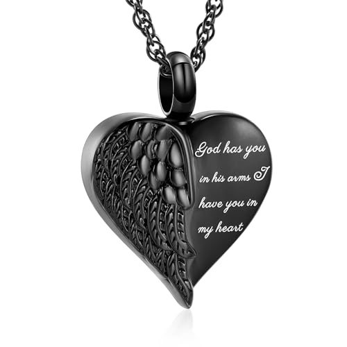 shajwo Cremation Heart Urn Necklace Ashes Jewelry for Women Men Keepsake Pendant Memorial Locket Ash Holder Wing-G1 Black