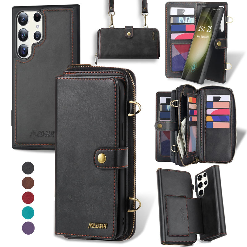 [Australia - AusPower] - for Samsung Galaxy S24 Ultra Wallet Case,Multi-Function Wallet Case, Detachable 3 in 1 Magnetic Galaxy S24 Ultra Case Wallet,Flip Strap Zipper Card Holder Phone Case with Shoulder Straps(Black) Black 