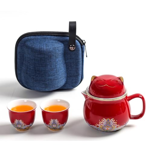 DEARART Beautiful Tea Cup Portable Set, 10.8oz Mug and 2-Cups, Wide Mouth Easy to Clean Keep Tea Hot, Steeping Loose Leaf Tea Bag, Cute Cat, Red Red ( Portable Set)