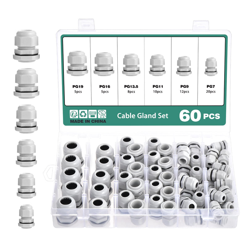 60-Piece Cable Gland Set, Cable Grommet, Waterproof | PG7 PG9 PG11 PG13.5 PG16 PG19 Nylon Cable Glands Adjustable Closure Cable Gland Set with Lock Nut White 60pcs Pg7/Pg9/Pg11/Pg13.5/Pg16/Pg19