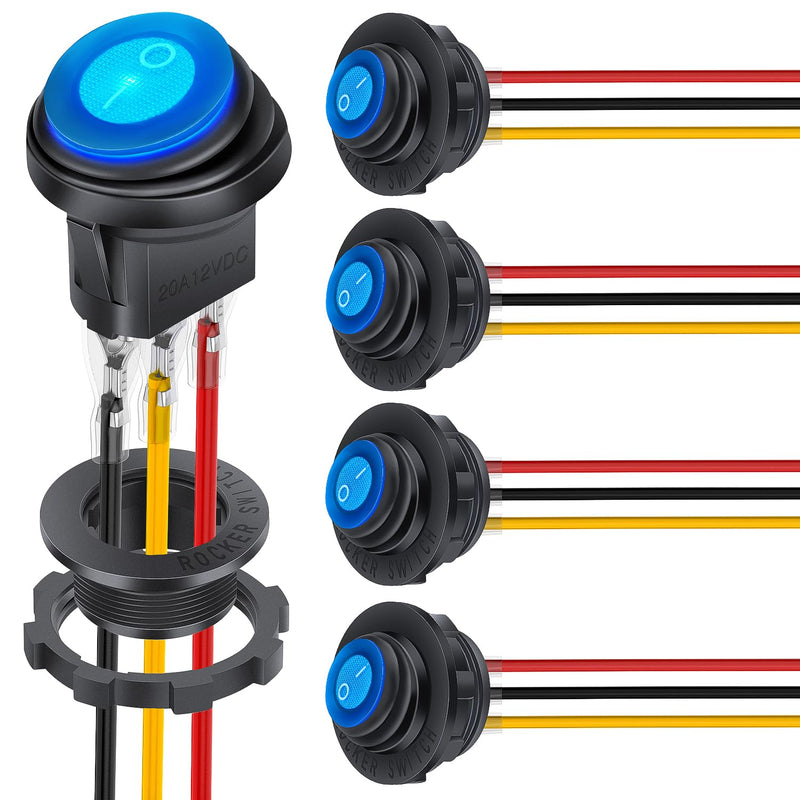 [Australia - AusPower] - Nilight 5PCS Waterproof Round Rocker Switch w/Wiring Harness Switches Holder 12V 24V Blue LED Lighted On Off Toggle Shell SPST 3Pin for Switch Panel Car RV Trucks Marine Boats Waterproof Switch + Switch Holder Automotive Switch 