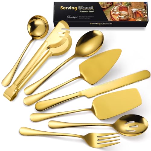 AARAINBOW Hostess Serving Utensils Set Large, 8 Pcs Stainless Steel Serving Utensils for Parties Buffet, Flatware Serving Sets with Serving Spoon Slotted Spoons Serving Forks (Golden) Golden