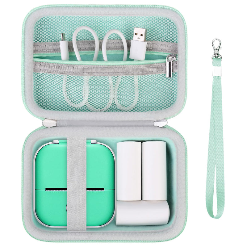 [Australia - AusPower] - Hard Travel Case for T02 Mini Printer Sticker Printer, Wireless Mini Sticker Printer Machine Storage Holder Protection Case with Zipper Mesh Pocket fit Thermal Paper, Charging Cable, Green 