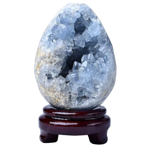 Natural Blue Celestite Geode Egg Healing Crystal Stone Collection Mineral Specimen with Stand Home Office Decor 0.6-0.8 Pound Dark Blue