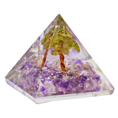 Amazing Gemstone Amethyst with Peridot Tree Orgone Pyramid - 30mm Small Orgonite Pyramids with Crystals and Healing Stones - Authentic Organite Gifts Orgonite Pyramid - 30mm
