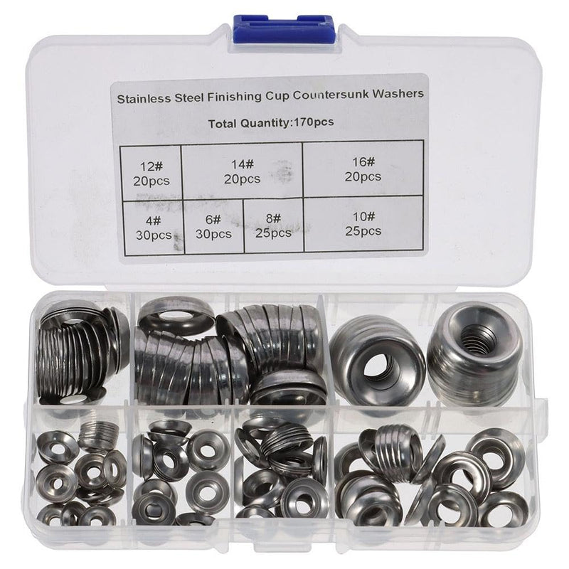 [Australia - AusPower] - FEIYING 170Pcs 304 Stainless Steel Finishing Cup Countersunk Washers Assortment Kit,4#/6#/8#/10#/12#/14#/16# Silver Finishing Cup Washer 