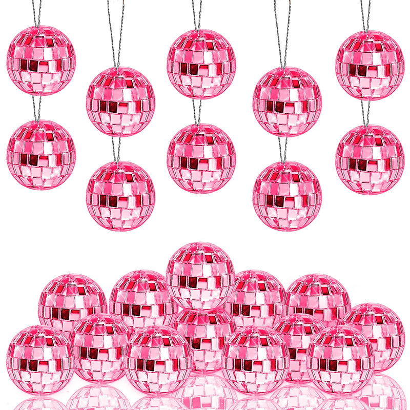 [Australia - AusPower] - Newmemo Pink Disco Ball 24 Pcs Hanging Mirror Disco Balls Pink Mini Disco Balls Ornaments Reflective Mirror Ball Cake Decoration with Rope Christmas Tree Wedding Dance Music Festivals Decor 