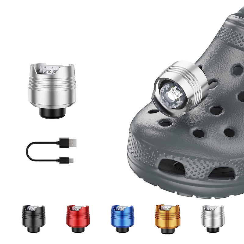 [Australia - AusPower] - Rechargeable Headlights for Crocs 2pcs, Lights Flashlights Attachment for Crocs,Wearable Croc Lights for Shoes with 3 Light Modes for Dog Walking, Camping, Running, Suitable for Adults Kids Silver 