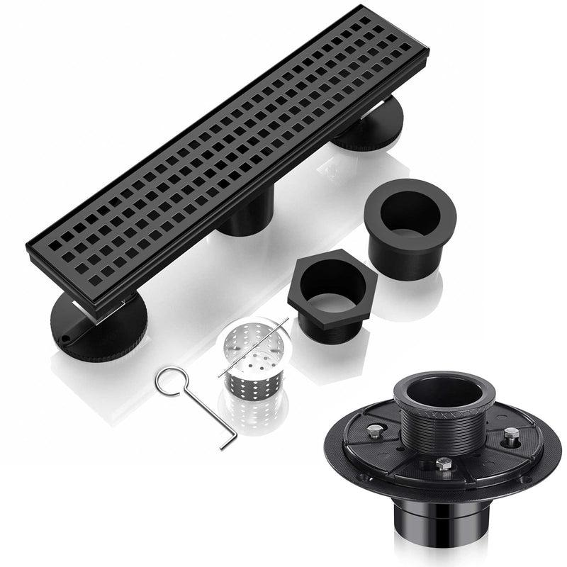 [Australia - AusPower] - BARONAGE Shower Linear Drain 12 Inch Square Hole Pattern Cover (Black) with Base Flange Kit 