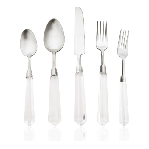 JASHII 5pcs Silver 304 Stainless Steel Flatware Cutlery Set with Transparent Acrylic Handle Diamond Shape, Matte Knife Fork Spoon Set, Dishwasher Safe for Home Wedding Hotel Silver - Service for 1
