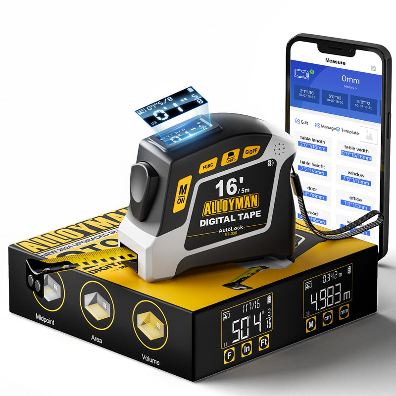 [Australia - AusPower] - Alloyman 2-in-1 Digital Tape Measure, 16Ft Measuring Tape, 50 Groups Historical Memory, 6 Units Switch, 4 Measuring Modes, Auto Lock with Movable Magnetic Hook, Waterproof & Drop Proof, App Sync 
