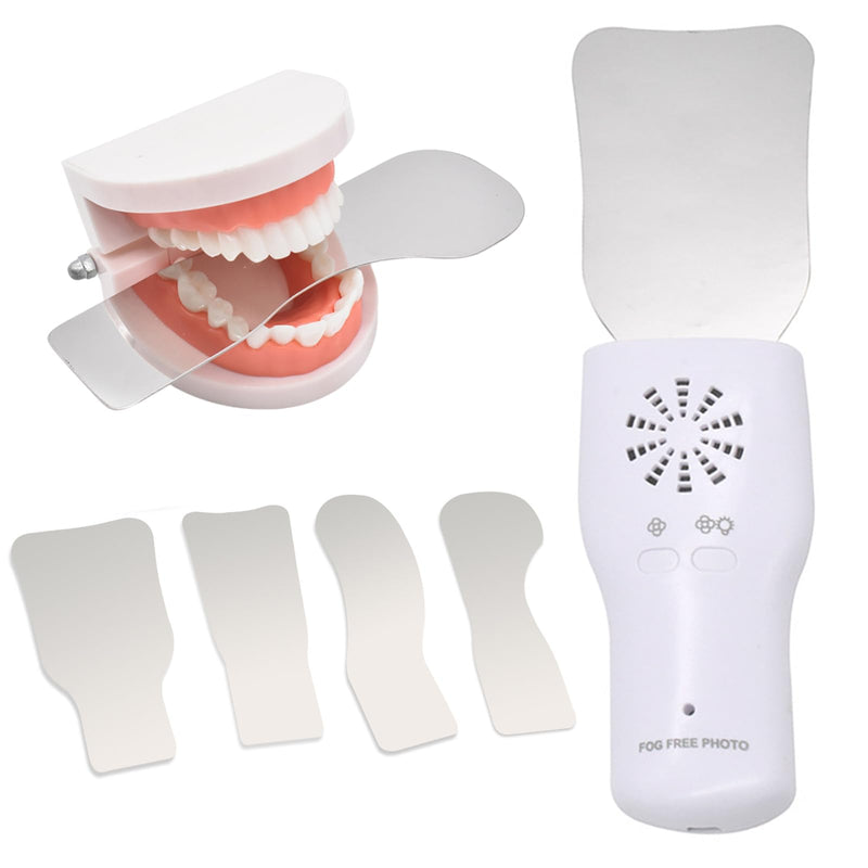 [Australia - AusPower] - Fog-Free Dental Occlusal Photographic Mirror Device with 4 Rhodium Intraoral Reflective Mirrors for Dentistry, Anti-Fog Fan and LED Lighting Handle with Plated Glass Reflectors Oral Inspection Kit 