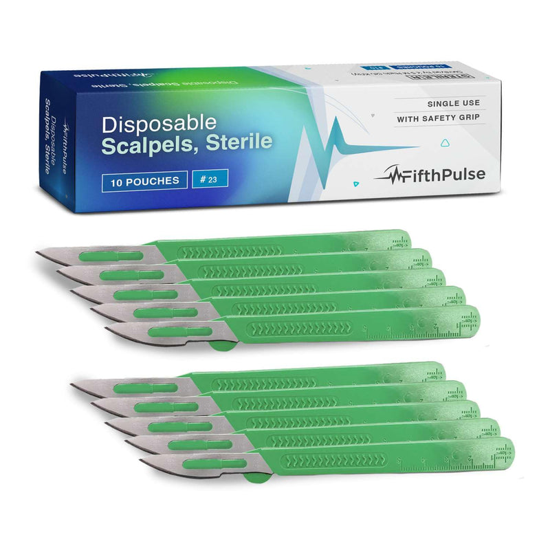 [Australia - AusPower] - FifthPulse Disposable Surgical Scalpel Knife #23 - Ten Individually Wrapped Sterile Scalpel Blades - Surgical Blade Scalpels With Safety Grip 
