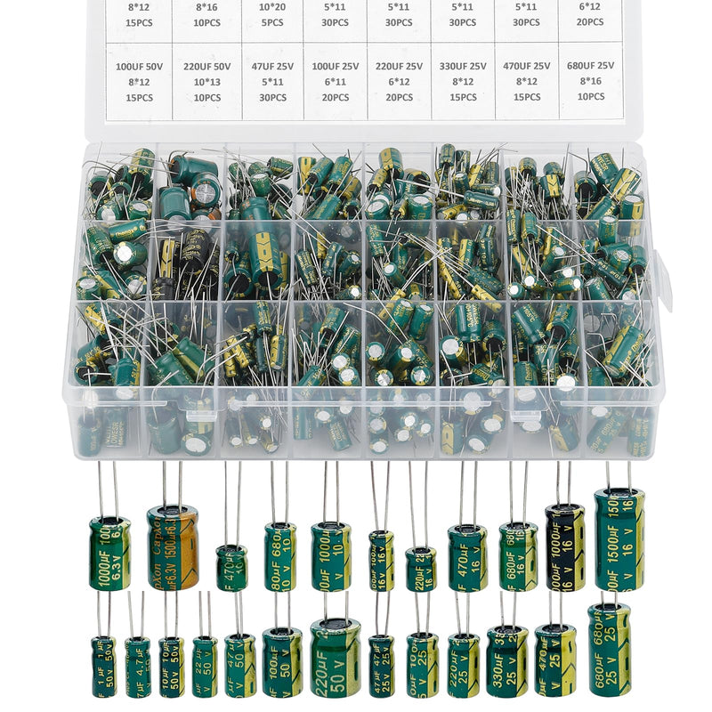 24Value 460Pcs 6.3V-50V Capacitor Assortment Box Kit DIP 1uF-1500uF High Frequency Aluminum Electrolytic Capacitors for Industrial Electrical and Arduino etc.