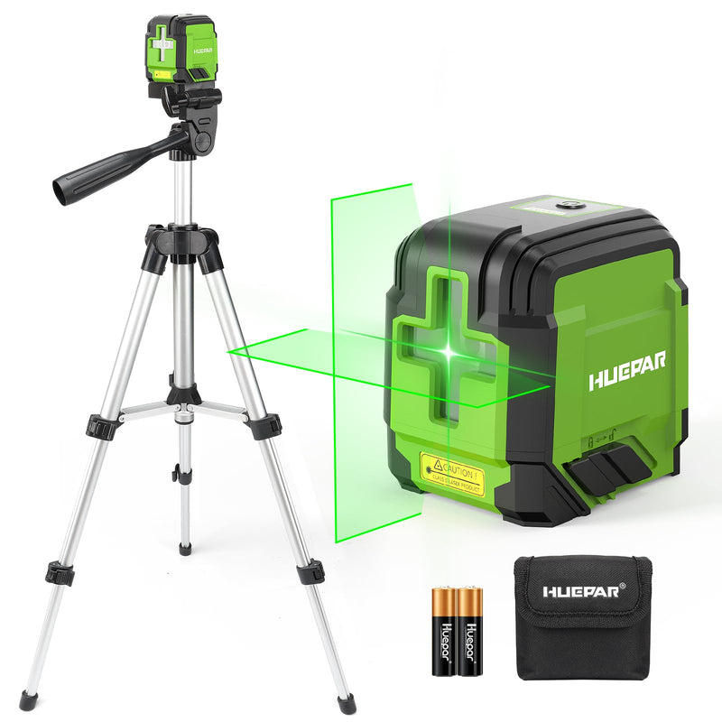 360° Laser Level with Tripod, Huepar 98Ft Self Leveling Laser Level Accurate Green Cross Line Laser Leveler Tool for Picture Hanging, Tile, Construction Indoor Project, Battery&Carrying Bag Included