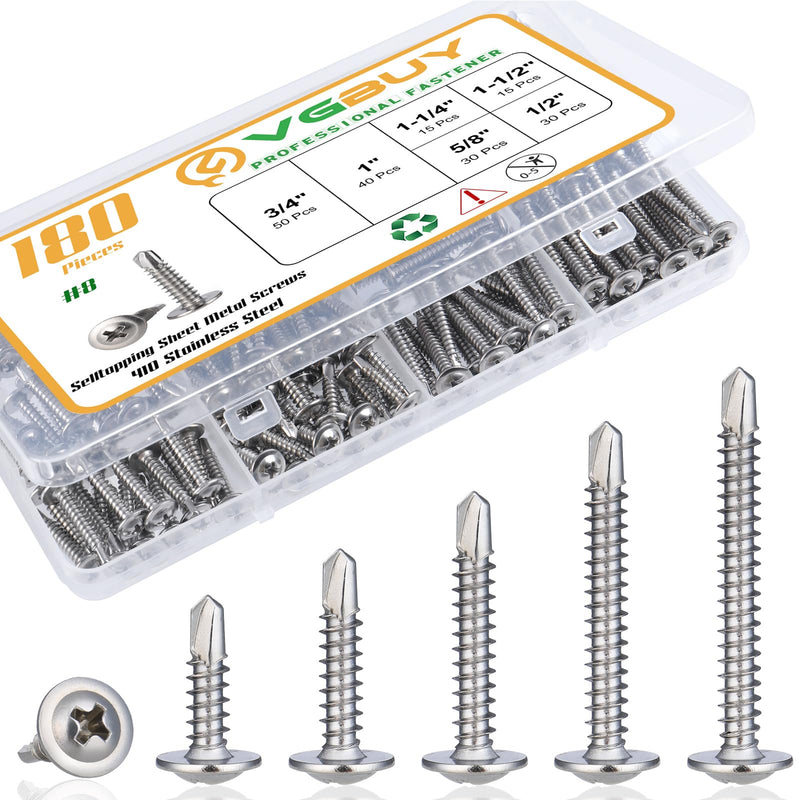 [Australia - AusPower] - 180pcs #8 Sheet Metal Screws Assortment Kit, 410 Stainless Steel Self Tapping Screws for Metal, Self Drilling Screws, 6 Sizes (1/2", 5/8", 3/4", 1", 1-1/4", 1-1/2") Modified Truss Head 