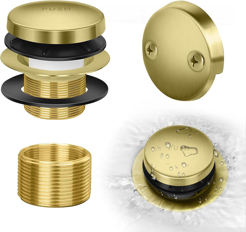 Tip-Toe Bathtub Drain Kit with Two-Hole Overflow Plate, Premium Quality Bath Tub Drain Replacement fits for All Bathtub, Universal Fine/Coarse Thread Bathtub Stopper (Brushed Gold) Brushed Gold