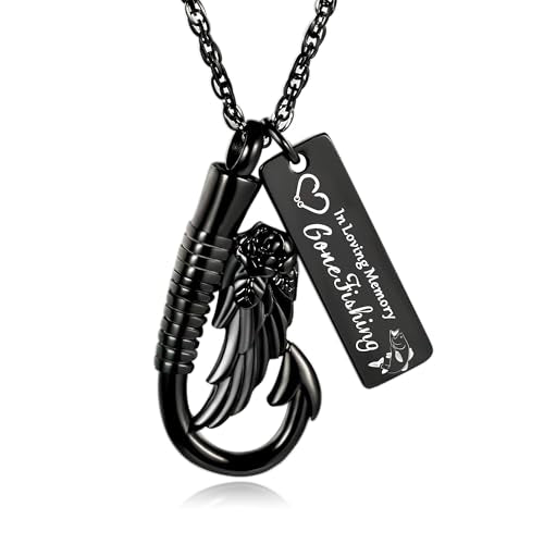 Gredstar Fishing Urn Necklace for Ashes, Angel Wing Hook Memorial Pendant