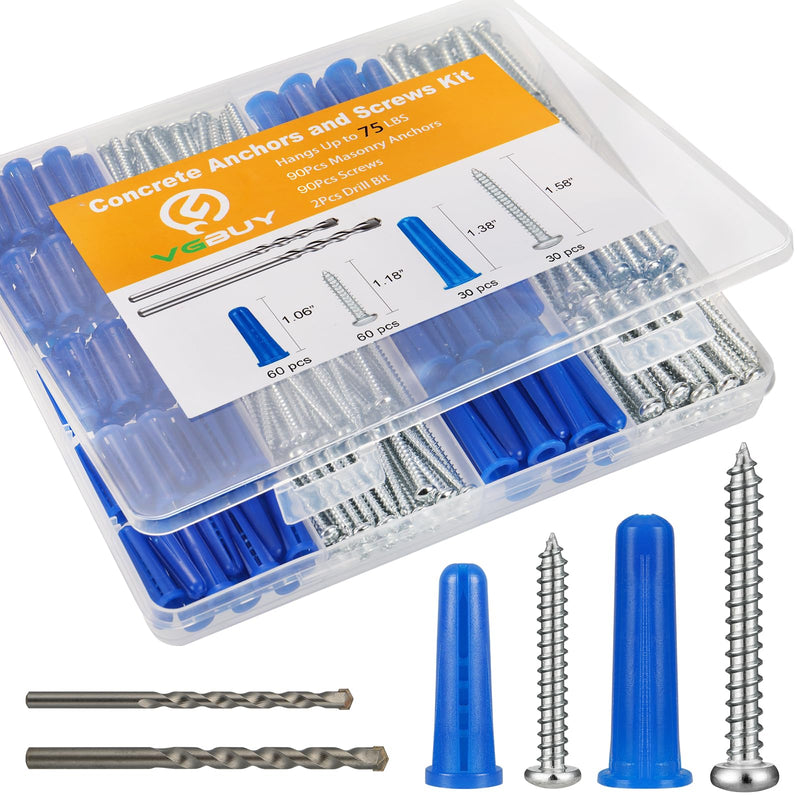 [Australia - AusPower] - 180PCS Conical Concrete Anchors and Screws Assortment Kit, 90PCS Concrete Wall Anchors, 90PCS Self Tapping Screws for Masonry Stucco Brick Cement Cinder Block Tile, with 2PCS Drill Bit 