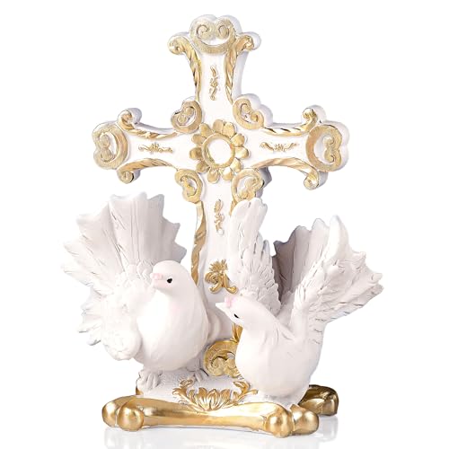 Resin Table Holy Cross Carved Flower and Doves Religious Home Decor