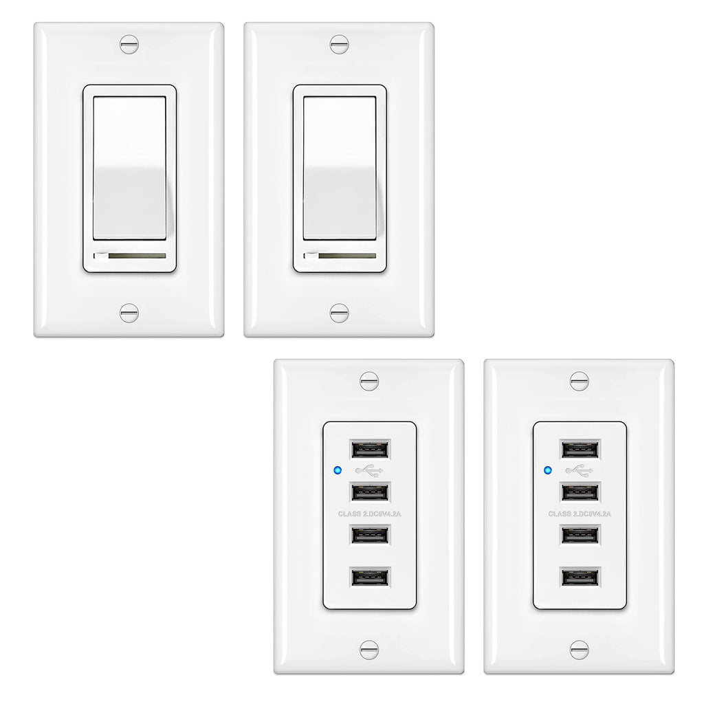 [Australia - AusPower] - 2 Pack BESTTEN Dimmer Light Switch, Universal Lighting Control, Single Pole or 3 Way, and 2 Pack 4.2A/21W USB Receptacle Outlet with 4 High-Speed USB Charging Ports and LED Indicator, White 